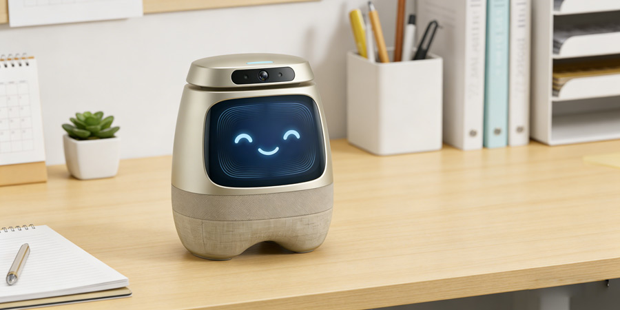 小慧陪伴机器人展示，银白色圆润机身，屏幕上显示温暖的笑脸表情，放置在办公木质桌面上，周围环境整洁专业，传达友好亲切的陪伴感