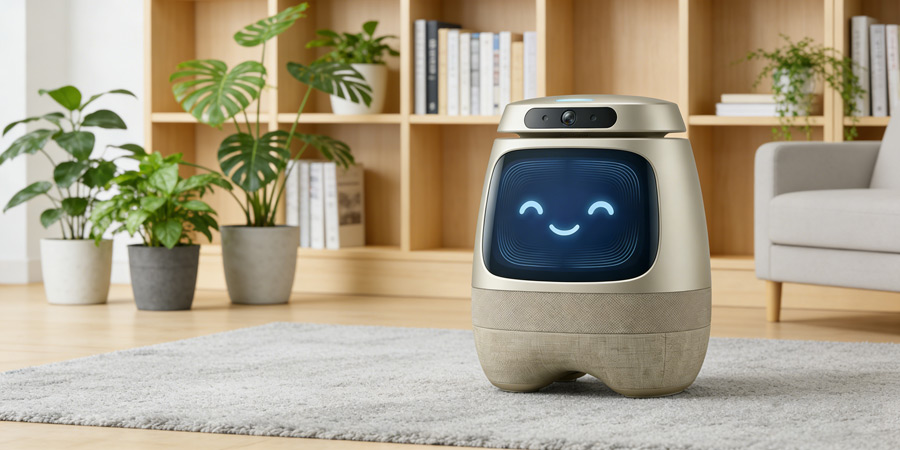 小慧陪伴机器人展示，银白色圆润机身，屏幕上显示温暖的笑脸表情，放置在办公木质桌面上，周围环境整洁专业，传达友好亲切的陪伴感